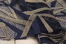 深い青と金の几何学模様の刺繍チュール生地【デザイナー用・ファッション素材】