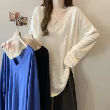 秋季新作の大きいサイズ レディースVネック長袖Tシャツ【フィット・カジュアル・スリム効果】