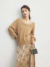 Annata アンバー色 Vネックレースボーダーセーター【女性用・春秋・ルーズフィット】