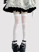 可愛いリボンデザインの白色ロングソックス【うさぎモチーフ・夏用・薄手・ロリータスタイル】