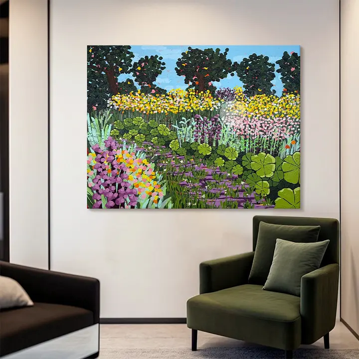印象派手描きオイルペインティング 花園風景の壁掛けアート【リビング・玄関・ダイニング用】