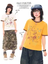 アメリカンレトロスタイル 星柄プリント レディース半袖Tシャツ【夏用・カラーブロック・ショート丈】