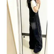 美式ヴィンテージ風 ブラックデニムサロペットパンツ【フィット・工事現場スタイル・女性用】（セットアップ対応）