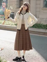 デザイン性のあるコーヒーチェックの中長丈フレアスカート【Aライン・ウール・プリーツ】