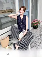 復古スタイルの薄手デニムベスト【夏用・カジュアル・フィット・ストライプワイドパンツ】（セットアップ対応）