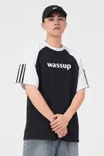 半袖Tシャツ メンズ 3本ライン テープデザイン バイカラー レタープリント オーバーサイズ ストリート スポーツ 夏「WASSUP」