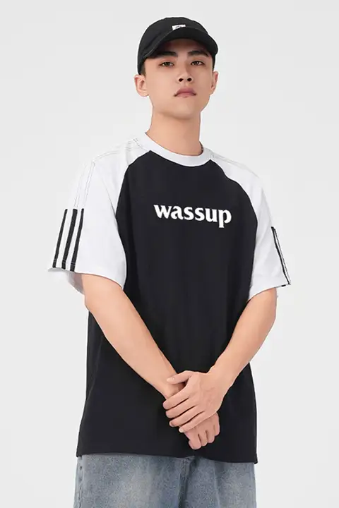 半袖Tシャツ メンズ 3本ライン テープデザイン バイカラー レタープリント オーバーサイズ ストリート スポーツ 夏「WASSUP」