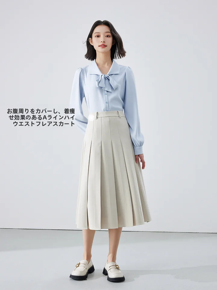 ブルー職業用ハーフスカート【小柄対応・プリーツデザイン・ビジネス・秋用】