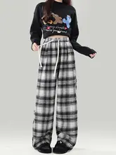 黒のレトロチェック柄ウールパンツ【秋冬用・加絨・ハイウエスト・シンプルストレート】