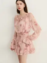 春らしい花柄のフリル付き長袖ワンピース【ピンク・ウエスト絞り・ラウンドネック・短丈】