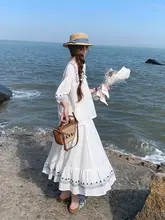 リゾート風 バイカラー花柄パフスリーブトップス＆スカート【夏季用・デザイン性抜群】（セットアップ対応）