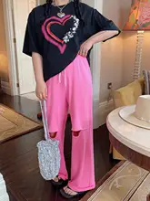 ハイウエストデニム風 ダメージ加工パンツ【夏用・カジュアル・レディース・ストレート・大きいサイズ】（セットアップ対応）