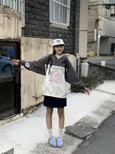 犬プリント Vネック カラーブロック スウェットシャツ【ゆったりシルエット・秋用】