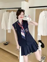深い青の韓国風JK制服ベストとプリーツスカート【夏用・小柄向け・細見えデザイン】（セットアップ対応）
