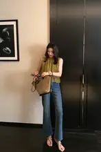 レディース ライセール 微フレアデニムパンツ【レトロデザイン・ハイウエスト・スリムフィット】（セットアップ対応）