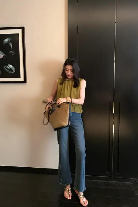 レディース ライセール 微フレアデニムパンツ【レトロデザイン・ハイウエスト・スリムフィット】（セットアップ対応）
