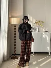 レトロチェック柄の暖かいハイウエストワイドパンツ【毛素材・リラクシング・ストレートシルエット】（セットアップ対応）