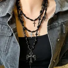 多重重ね着けゴシック風クロスネックレス【黒ビーズ・デザイン性の高いアクセサリー・女性用】