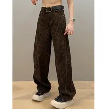 レディース 大きいサイズのレオパード柄ワイドレッグデニムパンツ【薄手・夏用・ストレートフィット】（セットアップ対応）