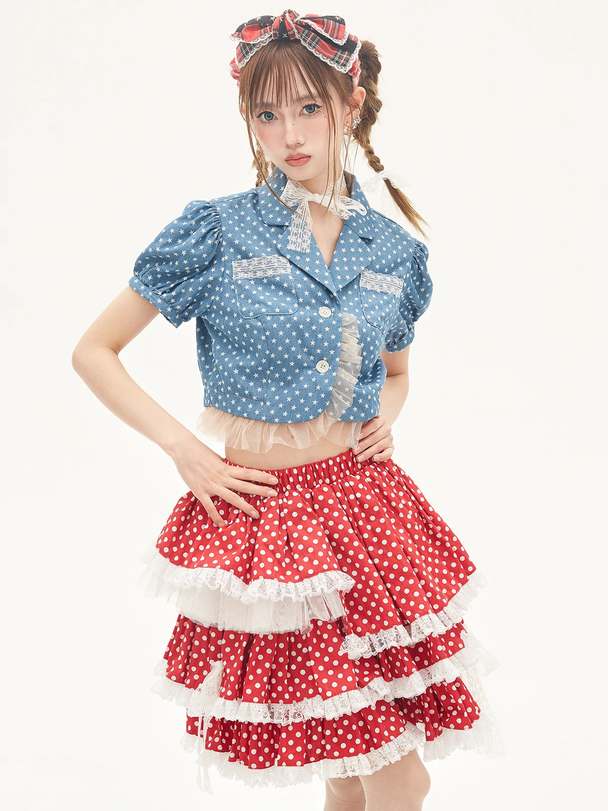昭和レトロ風の赤いドットケーキスカート：ピンクレトロデザインの少女ロリータスタイルとは