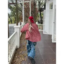 アメリカンレトロ 赤いチェック柄長袖シャツ【ゆったりとしたデザイン・UVカット対応】