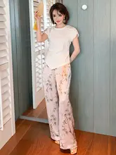 竹の葉プリントのワイドレッグパンツ【極上の柔らかさ・夏用・女性用】（セットアップ対応）