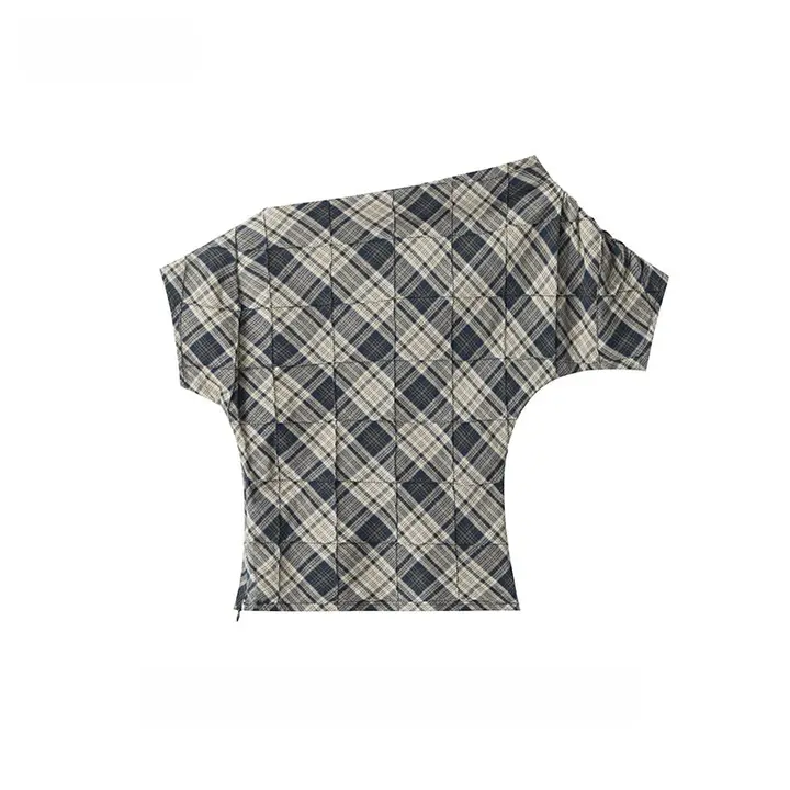 半袖Tシャツ レディース チェック柄 カラーブロック 斜め襟 ギャザー タイト ウエストシェイプ クロップド アメカジ ヴィンテージ 甘辛MIX トップス