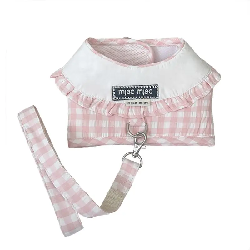 ペット用服 ブルーチェック柄 マジックテープ素材の通気性胸当てとリードセット