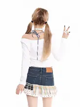 Tシャツ レディース 長袖 カートゥーン柄 ホルダーネック ワンショルダー スリム 着痩せ 初秋 レトロ