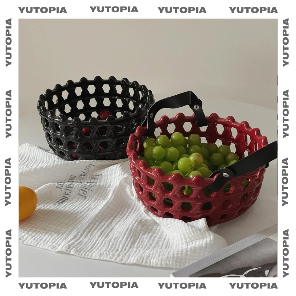 中古デザインの陶器製フルーツバスケット【収納用・高級おやつ皿・創造的なインテリア】