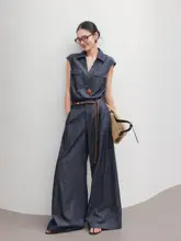 デニムノースリーブトップスとワイドレッグパンツ【夏用・単ボタン・ルーズフィット】【セットアップ対応】