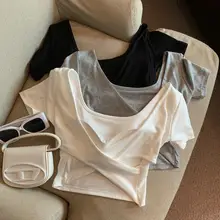 胸パッド付き Uネック ショートスリーブTシャツ【セクシーな背中あき・夏用・女性用】