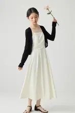 フレンチスタイル 白色スクエアネックキャミソールワンピース【夏用・ウエスト絞り・Aライン】
