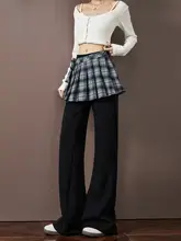 デザイン感あふれるチェック柄のレイヤード風パンツ【黒・スリム効果・フレアザイン】（ セットアップ対応）