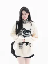 セーター ユニセックス ペア モックネック バイカラー ギター柄 猫柄 遊び心 ルーズ 秋物