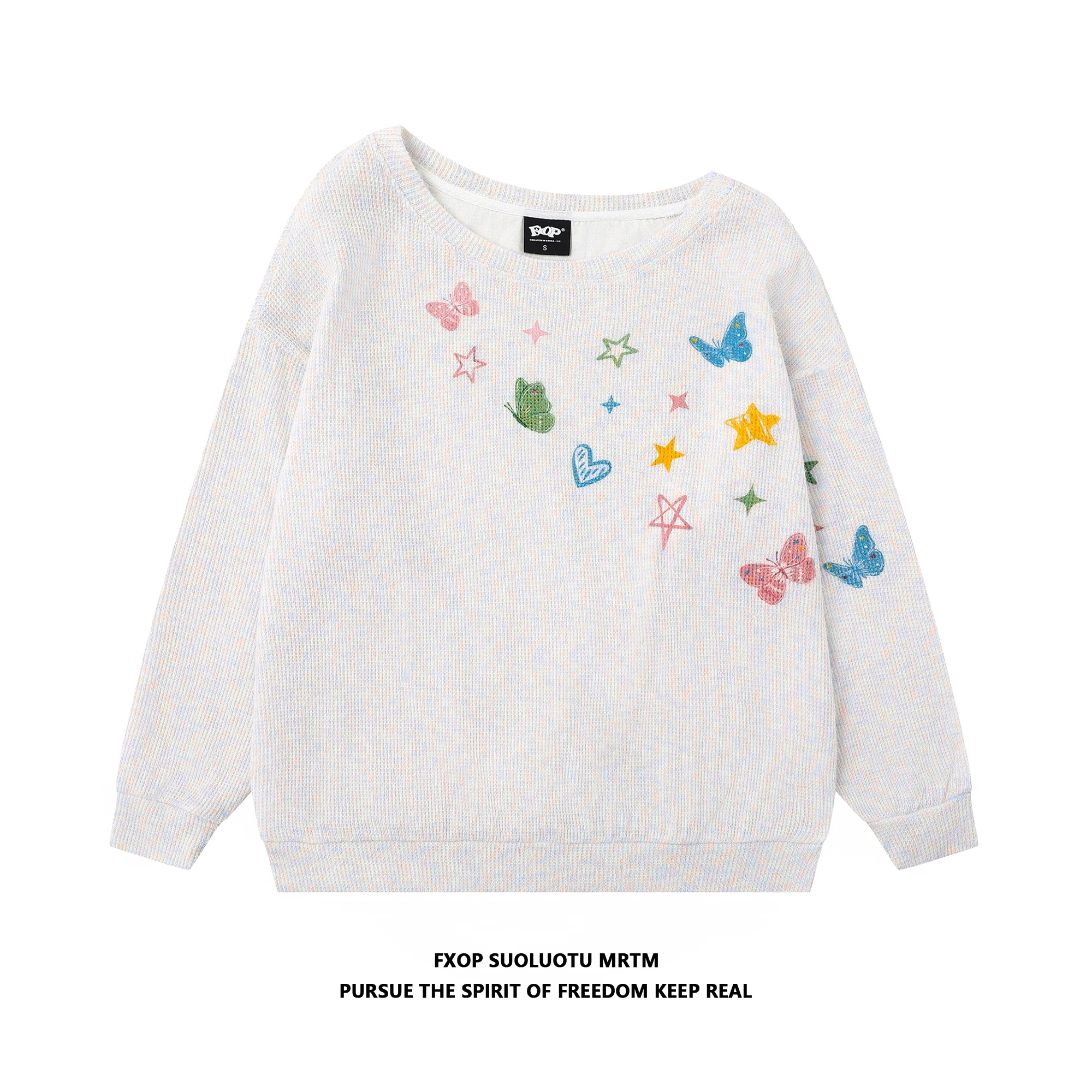 蝶柄の片肩デザインカラフルニット長袖Tシャツ【女性用・薄手・カジュアル】