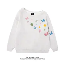 蝶柄の片肩デザインカラフルニット長袖Tシャツ【女性用・薄手・カジュアル】