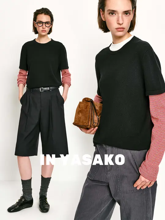 ストライプデザインの重ね着ニット【ウール混・温かみある二重仕立て】