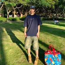 デザイン性に優れた黄泥染めウォッシュ加工デニムショートパンツ【メンズ・カジュアル・ワイドレッグ】
