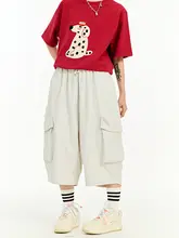 ユニセックス 黒のワイドクロップドパンツ【大口ポケット・カジュアルスタイル・ストレート】（セットアップ対応）