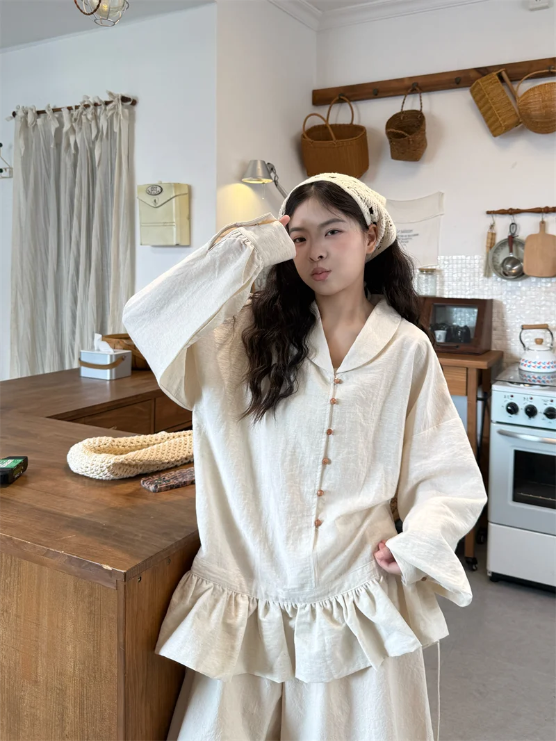 文芸風フラワーシフォン長袖シャツとバルーンパンツセット：love おしゃれの本質を実現する冬の着こなし