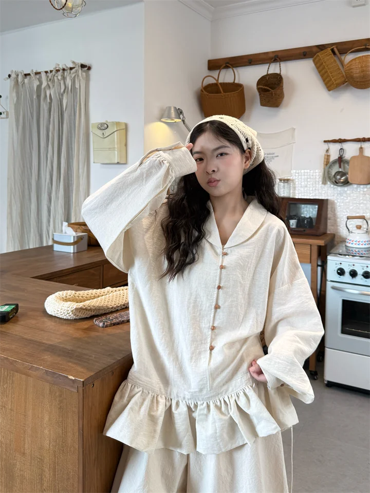 文芸風 フラワーシフォン長袖シャツ【ゆったりシルエット・スリム効果】とバルーンパンツ（セットアップ対応）
