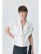 全麻製 ショルダーパッド付き ベルト付き フレンチラペル ホワイトシャツ【ハンター風・キューバカラー】