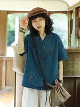 夏用のユニセックス刺繍入りレトロデニムシャツ【半袖・クラシックデザイン】