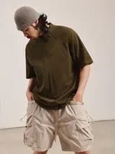 夏季デザインのブラウンポロネック半袖Tシャツ【ルーズフィット・レトロスタイル・ラグランスリーブ】（セットアップ対応）