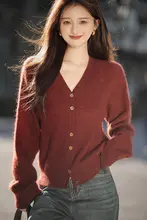 大喜製 ヴィー・ネックカシミヤニットセーター【赤色・女性用・100%カシミヤ・アンクラデザイン】