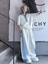 オリジナルデザイン フード付きTシャツ【ショートスリーブ・スポーツカジュアル】とワイドパンツ【コントラスト配色・フィット】（セットアップ対応）