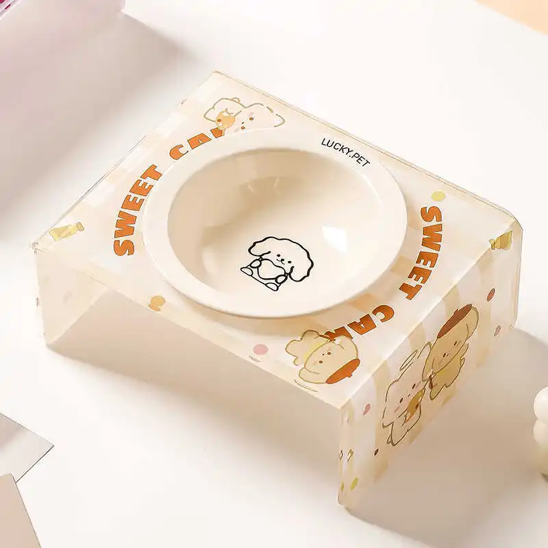 可愛い猫デザインの陶器製ペット用食器セット：高さ調整とアクリルスタンドで快適な食事環境を実現