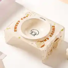 可愛い猫デザインの陶器製ペット用食器セット【高さ調整可能・アクリル製スタンド付き】