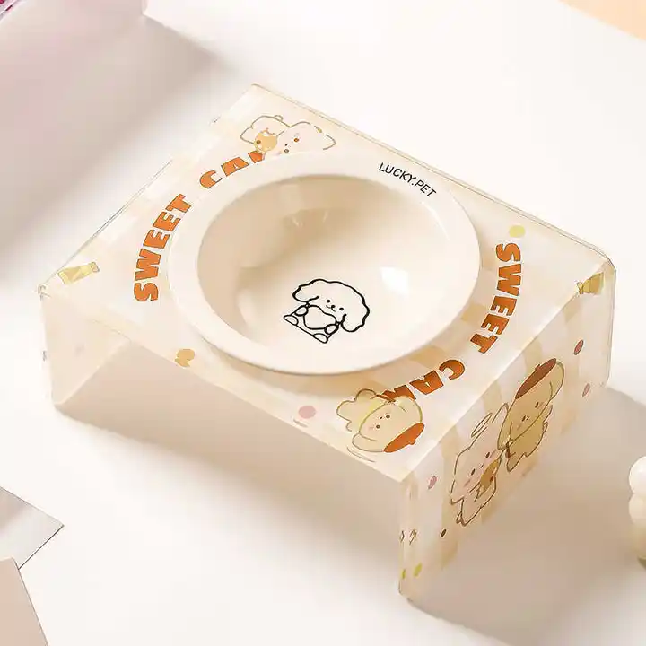 可愛い猫デザインの陶器製ペット用食器セット【高さ調整可能・アクリル製スタンド付き】